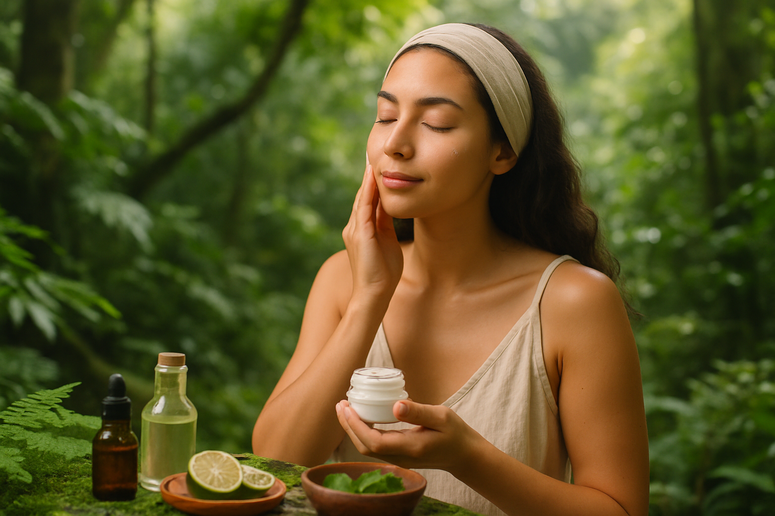 Mujer cuidando se la piel en la naturaleza 